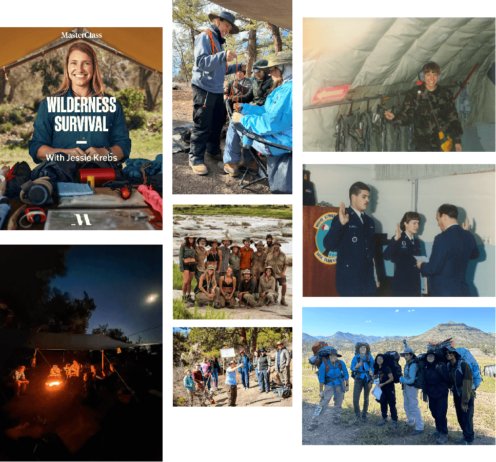 A visual collage of Jessie Krebs teaching, serving, and leading outdoor groups